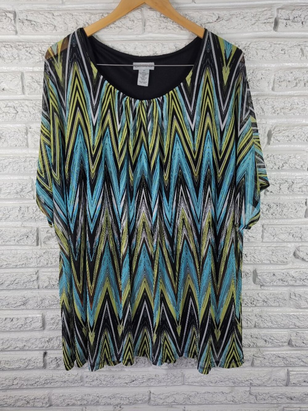 Catherines Women's 3X Tunic Blue Green Zig Zag Mesh‎ Pullover Blouse GEO273E